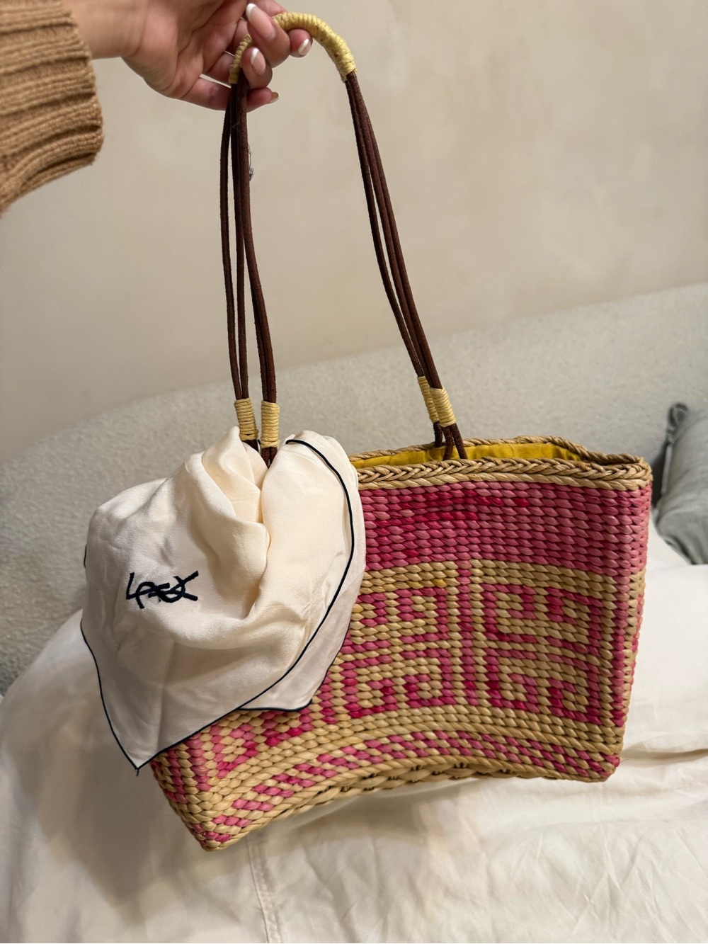 Givenchy Pink and Natural Woven Straw Tote with Brown Handles